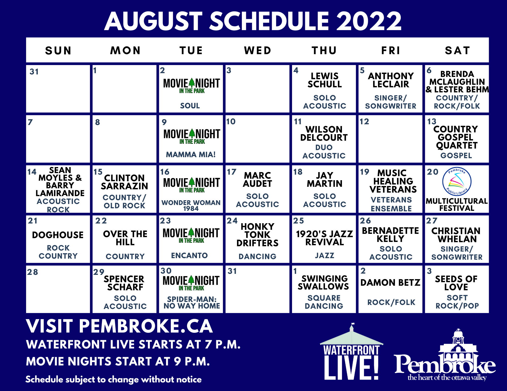 A calendar for the month of August showing what performers are performing each night at Waterfront Live.