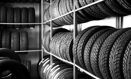 Racks of automobile tires.