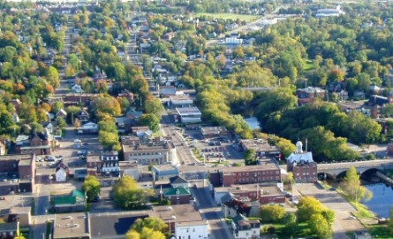 An aerial shot of a city.
