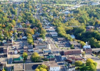 An aerial shot of a city.