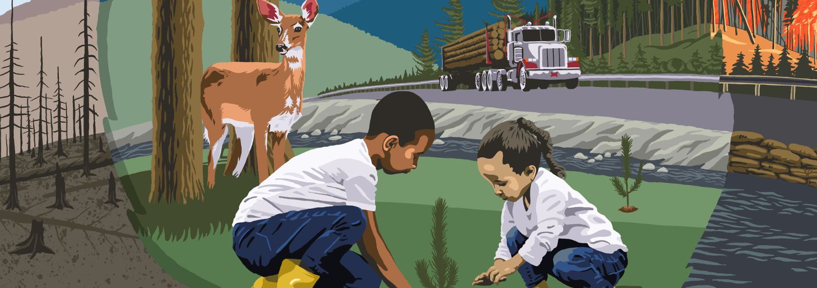Two children plant a tree while a deer stands in the background and a logging truck drives past a forest.