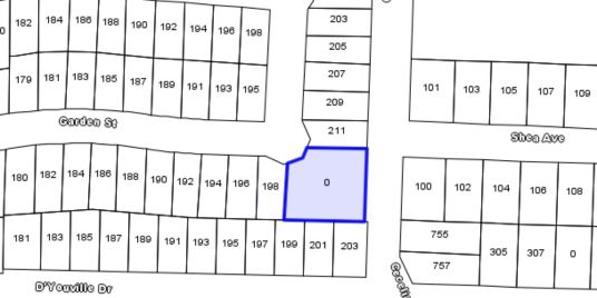 A property parcel map highlighting a property at the end of a street.