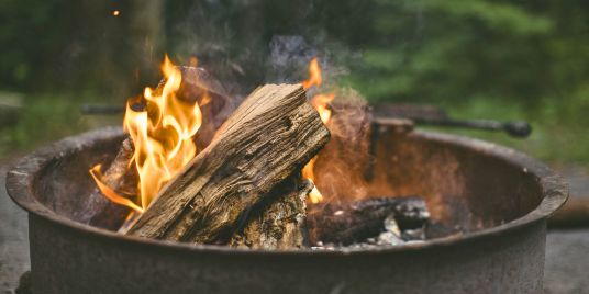 A campfire in a fire pot.
