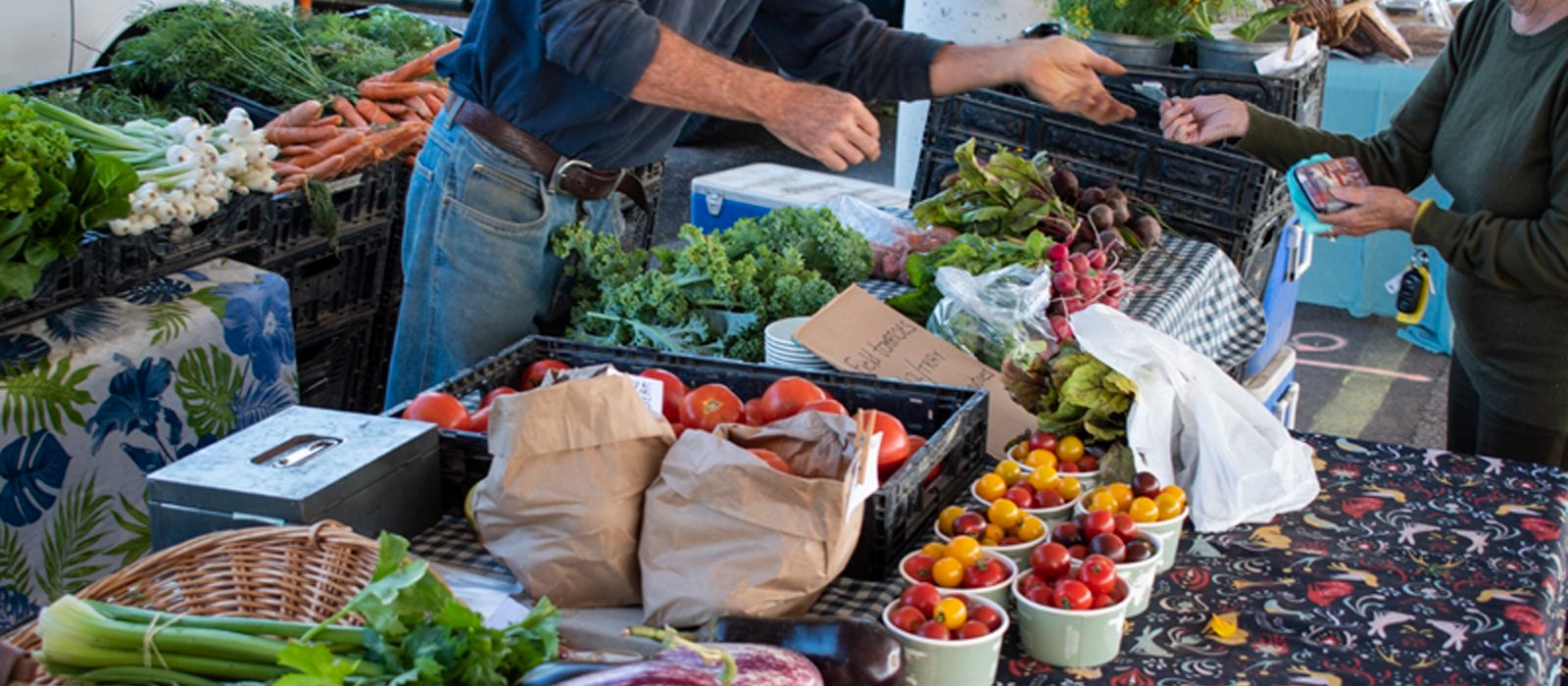 Photo of a merchant handing off change to a customer at the Pembroke Farmers' Market. Produce fills the table.