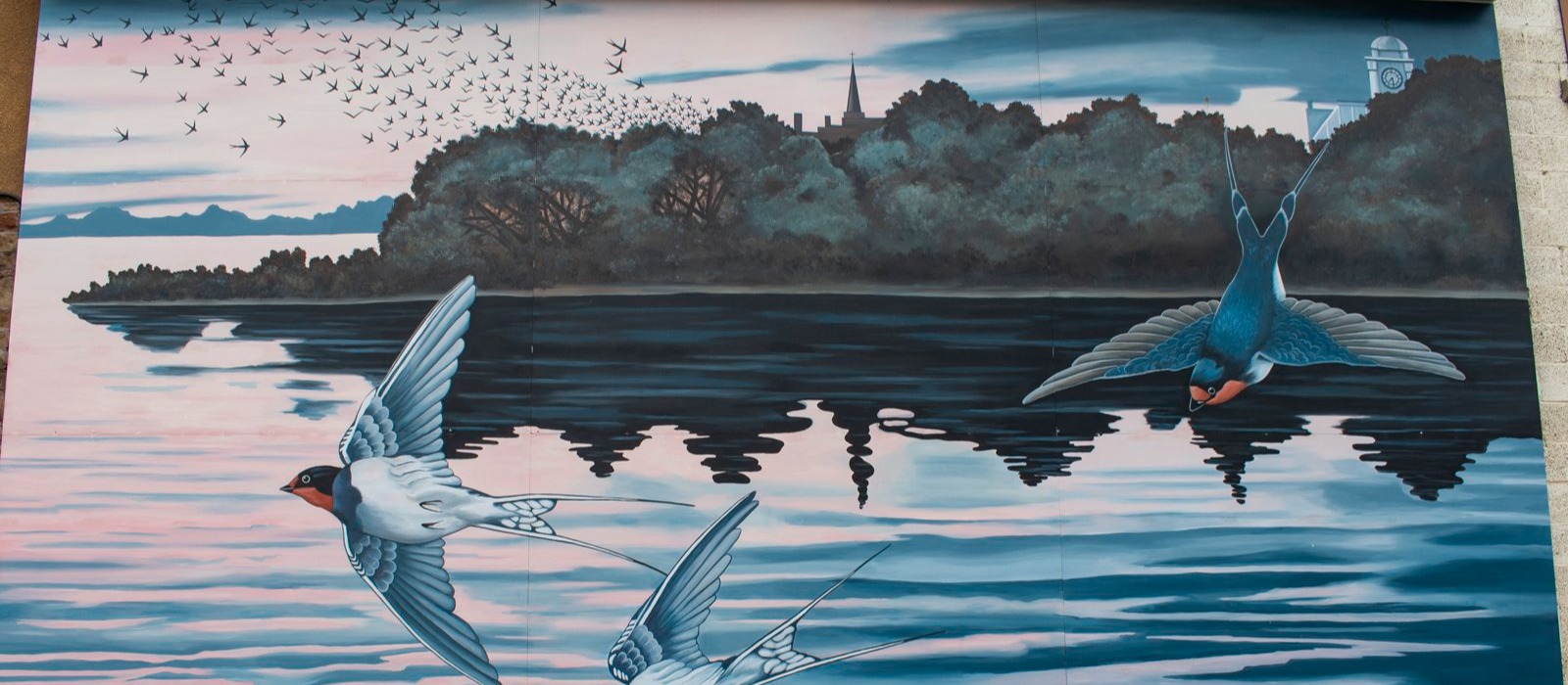 Pembroke Swallows. Painted by Neil Blackwell. Swallows come out from the Pembroke Waterfront with City Hall in the background.