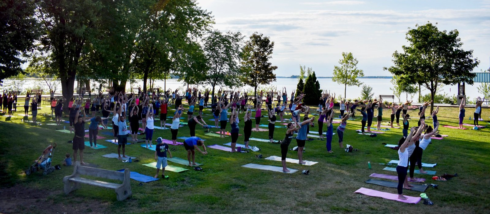 Hundreds of people reaching to the sky by the Pembroke Waterfront. Doing Yoga by the water.