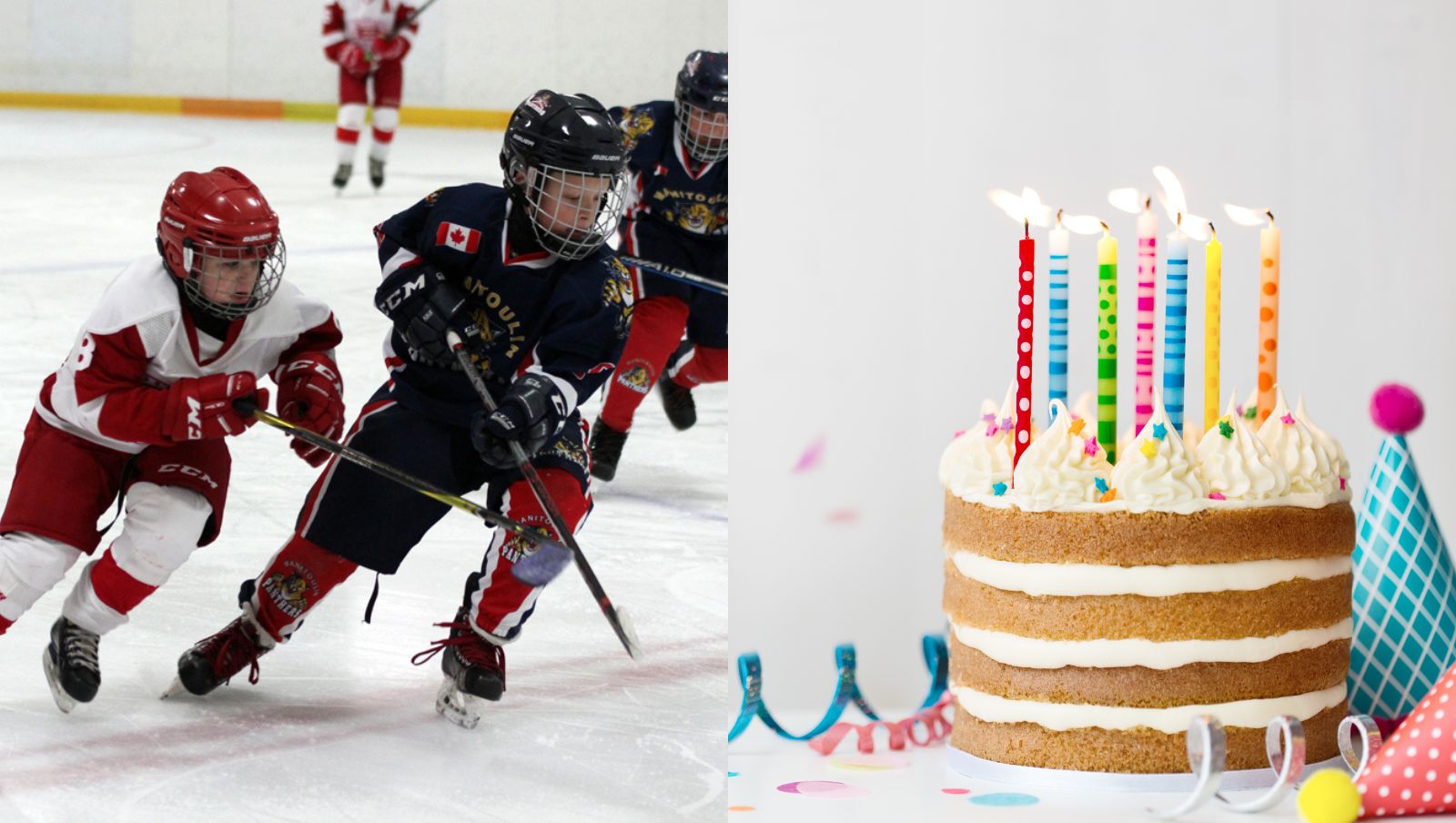 Children playing ice hockey on one side, a birthday cake on the other side.