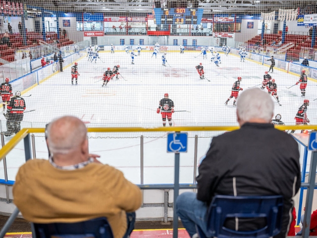 Two older men watching a hockey game.