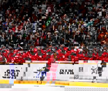 PWHL Ottawa Ottawa's PWHL team celebrating a goal with the crowd cheering.